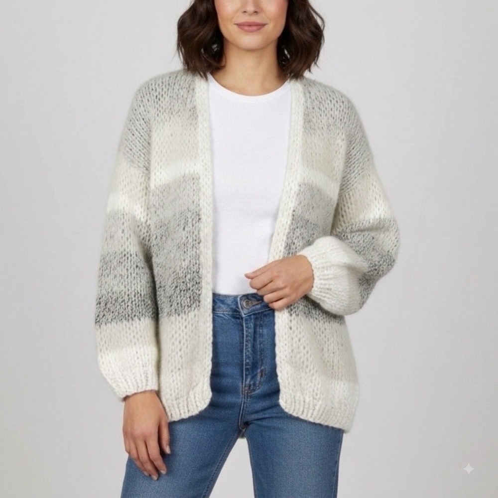 Maiami Tweed Melange Big Cardigan Mohair Blend Gray Cream Striped Oversized S/M